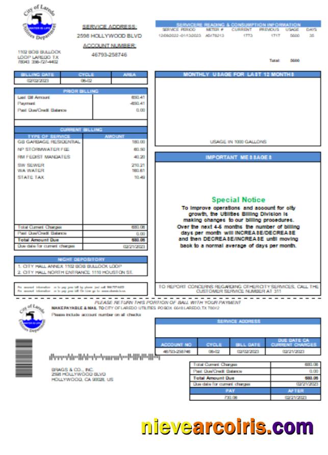 City of Laredo Utilities Department water utility business bill